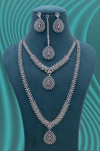 Pink color american diamond necklace set