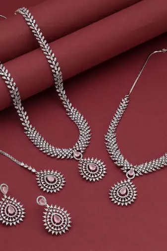 Pink color american diamond necklace set
