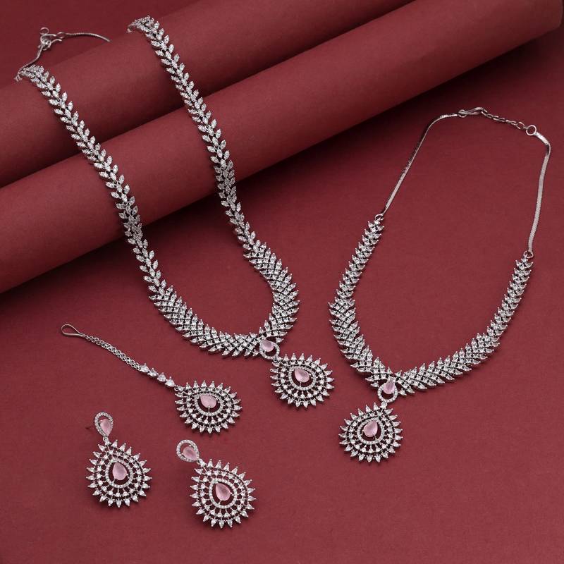 Pink color american diamond necklace set