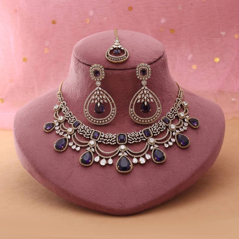Purple color american diamond necklace set