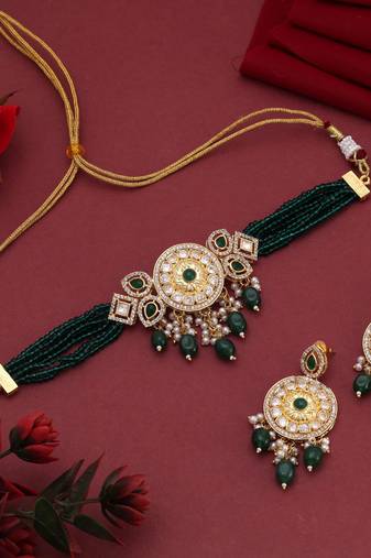 Green color choker american diamond necklace set