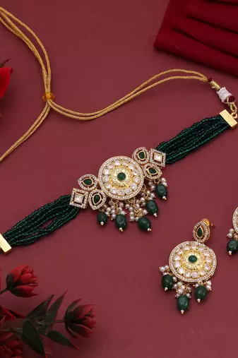 Green color choker american diamond necklace set