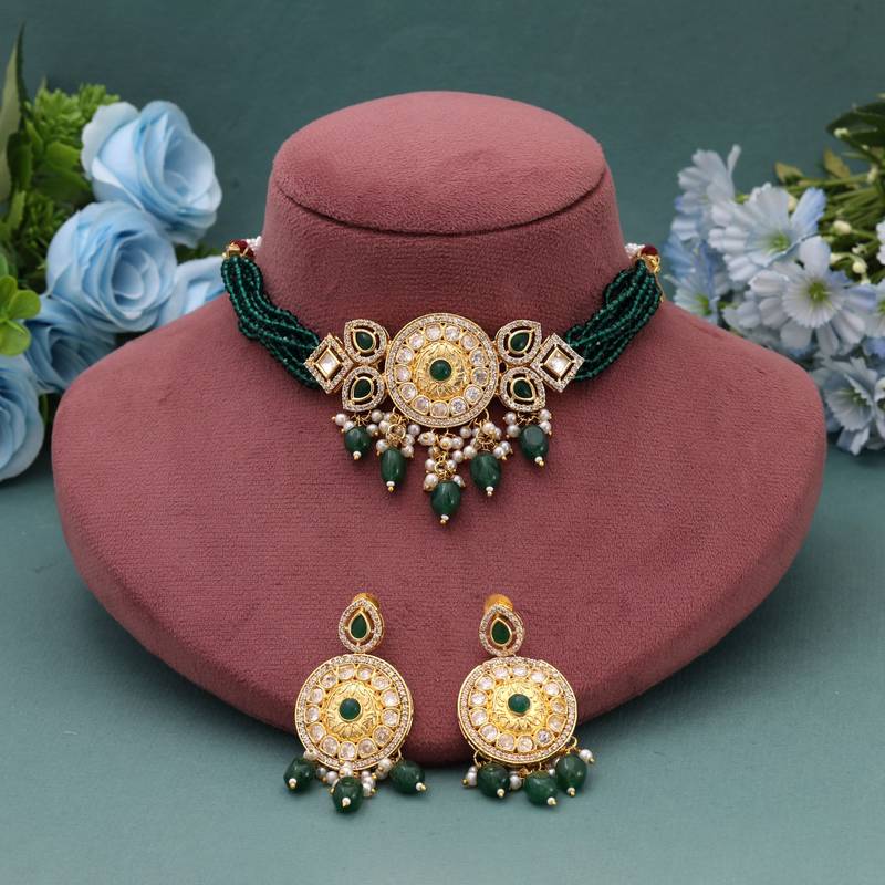 Green color choker american diamond necklace set