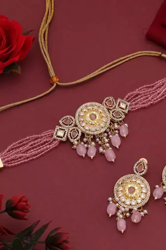 Pink color choker american diamond necklace set