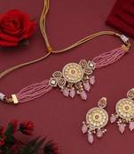 Pink color choker american diamond necklace set