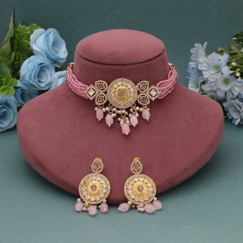 Pink color choker american diamond necklace set