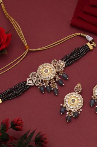 Grey color choker american diamond necklace set