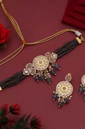 Grey color choker american diamond necklace set