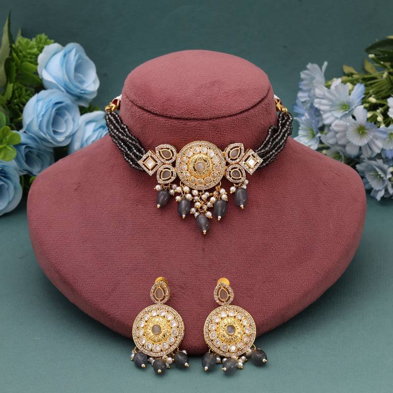 Grey color choker american diamond necklace set