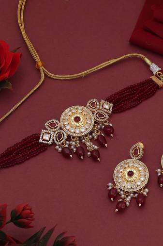 Maroon color choker american diamond necklace set