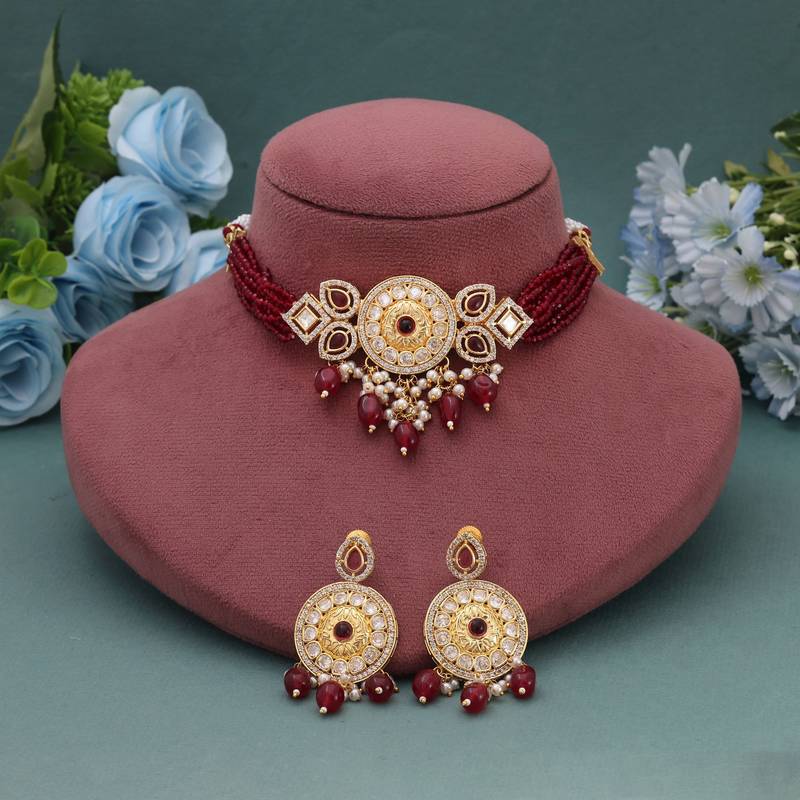 Maroon color choker american diamond necklace set