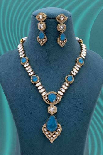 Firozi color long american diamond necklace set