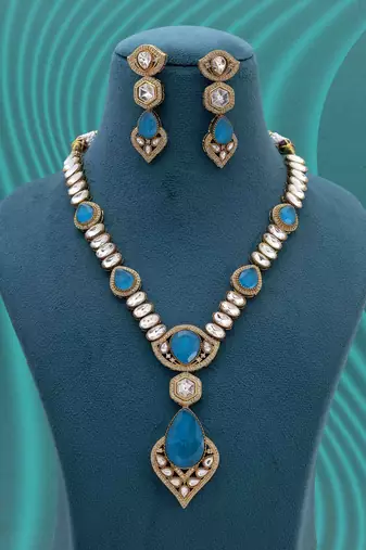 Firozi color long american diamond necklace set