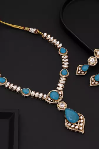 Firozi color long american diamond necklace set