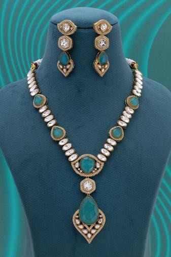 Light green color long american diamond necklace set