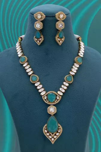 Light green color long american diamond necklace set