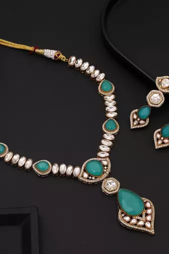 Light green color long american diamond necklace set