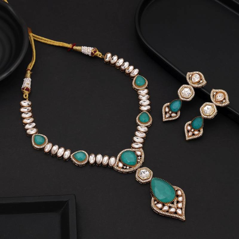 Light green color long american diamond necklace set