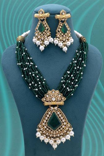 Green color long american diamond necklace set