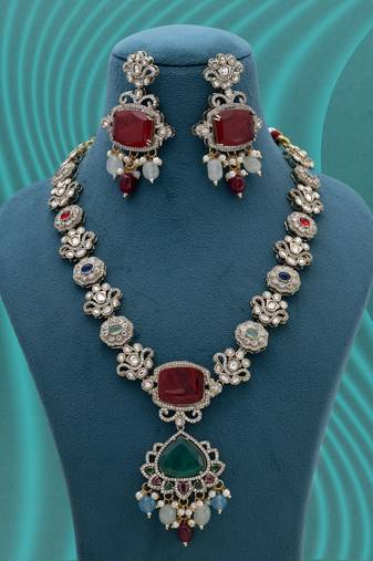 Multi color long american diamond necklace set