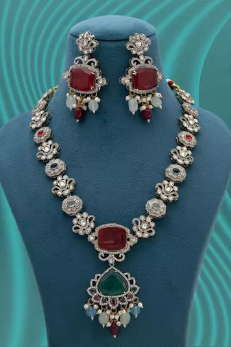 Multi color long american diamond necklace set