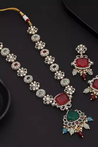 Multi color long american diamond necklace set