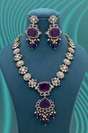 Purple color long american diamond necklace set