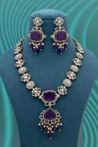 Purple color long american diamond necklace set