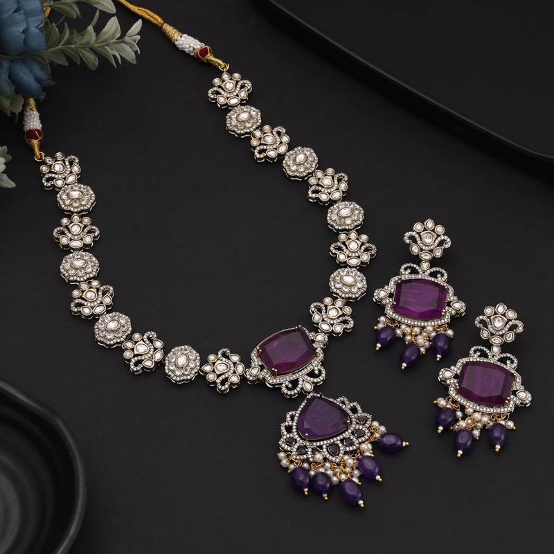 Purple color long american diamond necklace set