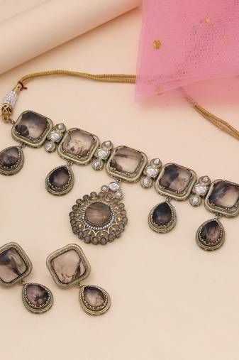 Grey color choker american diamond necklace set