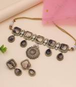 Grey color choker american diamond necklace set