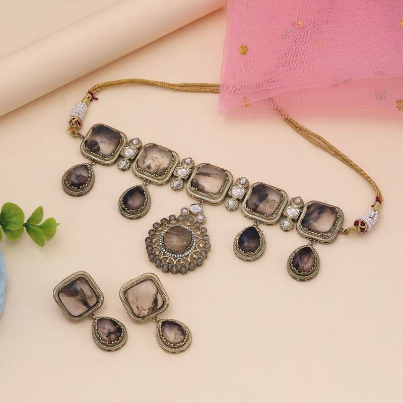 Grey color choker american diamond necklace set