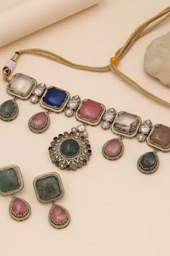 Multi color choker american diamond necklace set