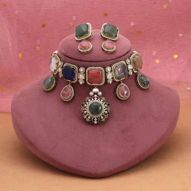 Multi color choker american diamond necklace set