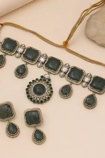 Green color choker american diamond necklace set