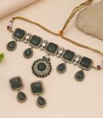 Green color choker american diamond necklace set