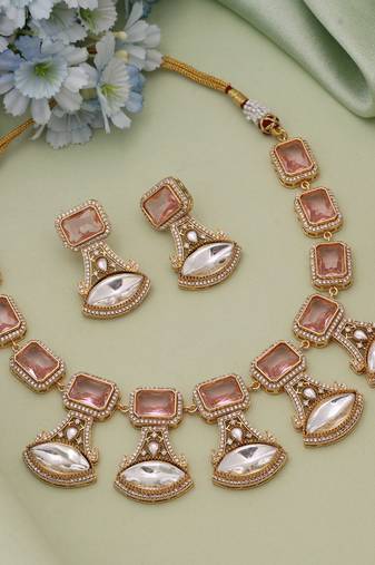 Pink color american diamond necklace set