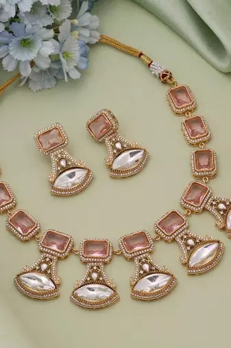 Pink color american diamond necklace set