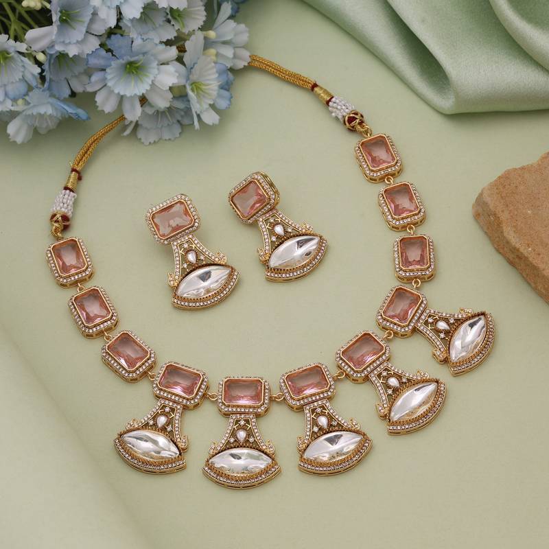 Pink color american diamond necklace set