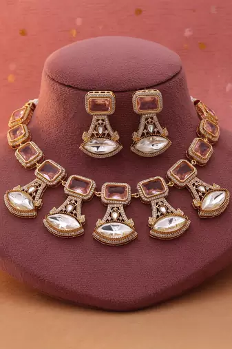 Pink color american diamond necklace set