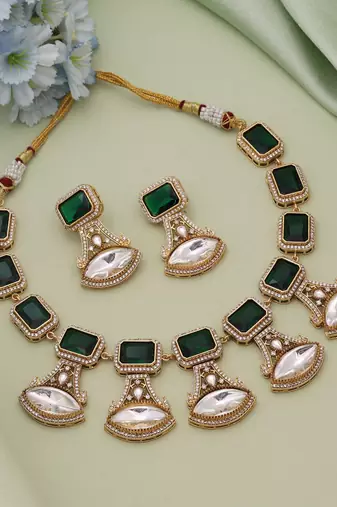 Green color american diamond necklace set