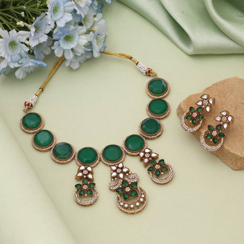 Green color american diamond necklace set
