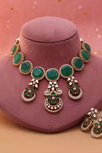 Green color american diamond necklace set