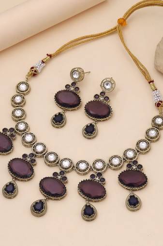 Purple color american diamond necklace set