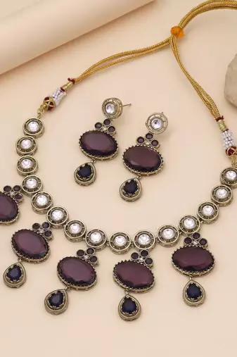 Purple color american diamond necklace set