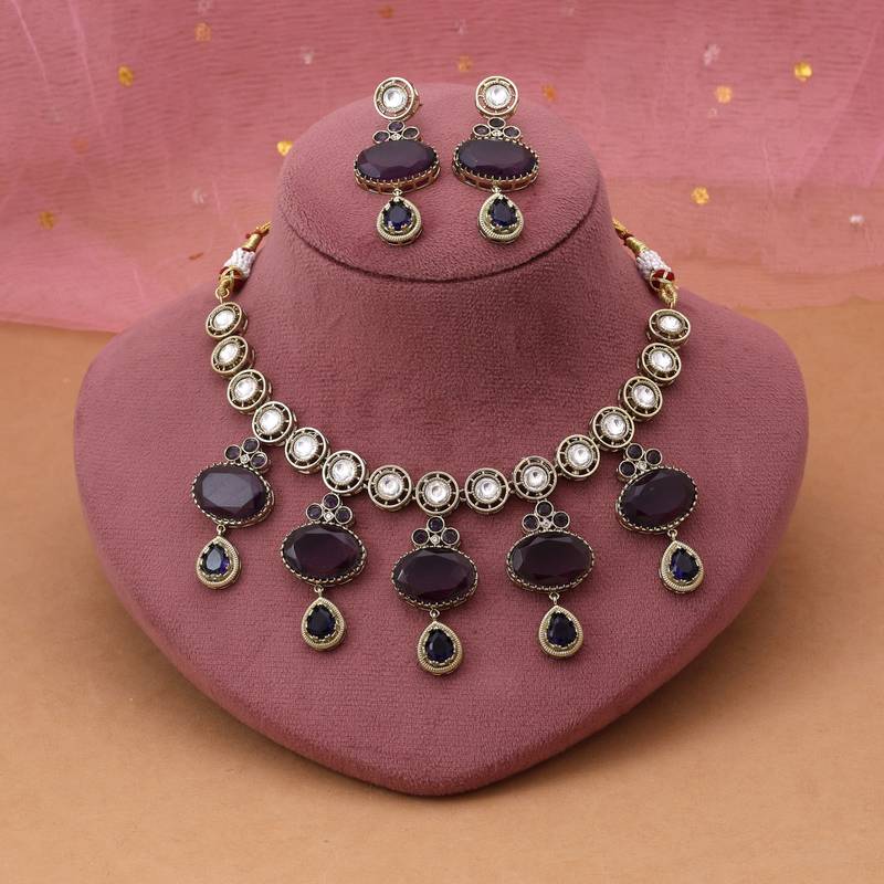 Purple color american diamond necklace set