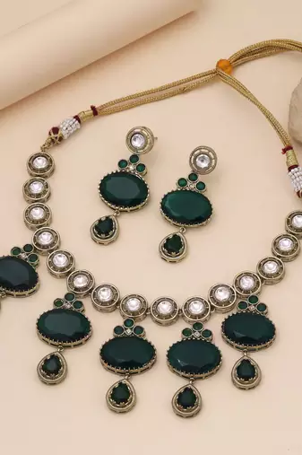 Green color american diamond necklace set