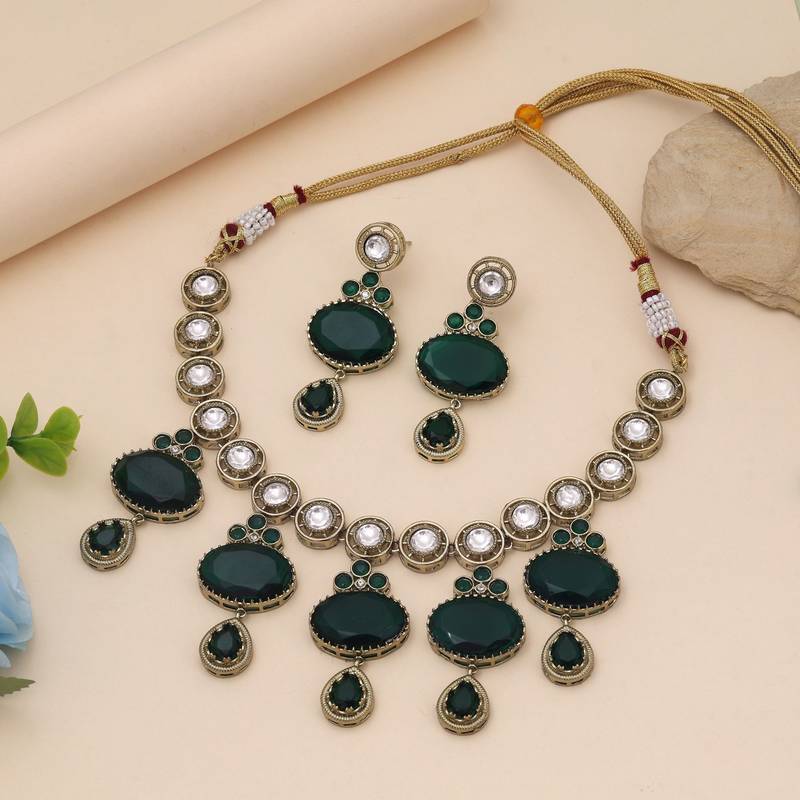 Green color american diamond necklace set