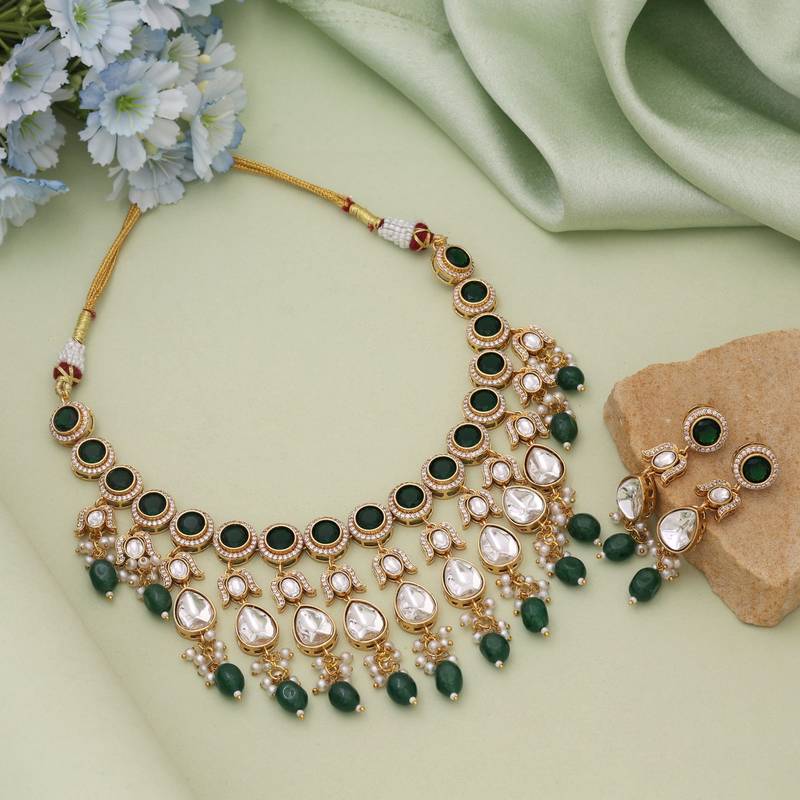 Green color american diamond necklace set