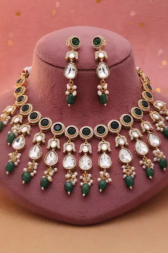 Green color american diamond necklace set
